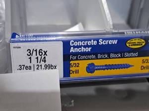lot 1141 image: Lot of (175) Hillman Concrete Screw Anchors  532 Drill  For Concrete, Brick, Block, Pressure Treated Lumber 316x1-14  Slotted Drive #H375286
