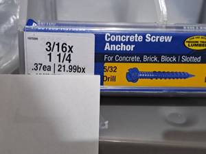 lot 1142 image: Lot of (100) Hillman Concrete Screw Anchors  532 Drill  For Concrete, Brick, Block, Pressure Treated Lumber 316x1-14  Slotted Drive #H375286