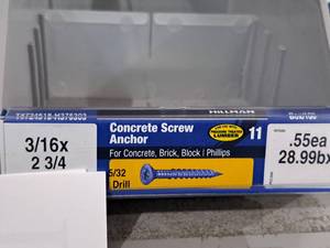 lot 1149 image: Lot of (220) Hillman Concrete Screw Anchor  532 Drill  For Concrete, Brick, Block, Pressure Treated Lumber 316x2-34  Phillips Drive #H375303