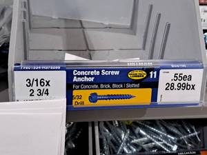 lot 1151 image: Lot of (160) Hillman Concrete Screw Anchors  532 Drill  For Concrete, Brick, Block, Pressure Treated Lumber 316x2-34  Slotted Drive #H375289