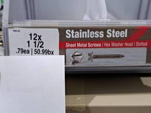 lot 1188 image: Lot of (160) Hillman Stainless Steel Sheet Metal Screws 12x1-12  Hex Washer Head  Slotted Drive #H823120