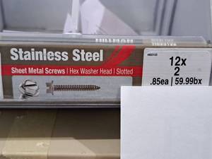 lot 1189 image: Lot of (160) Hillman Stainless Steel Sheet Metal Screws 12x2  Hex Washer Head  Slotted Drive #H823122