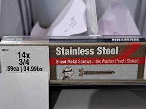 lot 1192 image: Lot of (100) Hillman Stainless Steel Sheet Metal Screws 14x34  Hex Washer Head  Slotted Drive #H823134