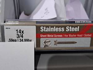 lot 1193 image: Lot of (200) Hillman Stainless Steel Sheet Metal Screws 14x34  Hex Washer Head  Slotted Drive #H823134