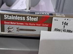 lot 1194 image: Lot of (60) Hillman Stainless Steel Sheet Metal Screws 14x1  Hex Washer Head  Slotted Drive #H823136