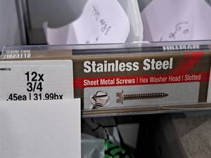 lot 1195 image: Lot of (125) Hillman Stainless Steel Sheet Metal Screws 12x34  Hex Washer Head  Slotted Drive #H823112
