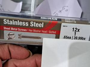 lot 1197 image: Lot of (60) Hillman Stainless Steel Sheet Metal Screws 12x1  Hex Washer Head  Slotted Drive #H823116