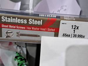 lot 1198 image: Lot of (100) Hillman Stainless Steel Sheet Metal Screws 12x1  Hex Washer Head  Slotted Drive #H823116