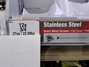 lot 1212 image: Lot of (120) Hillman Stainless Steel Sheet Metal Screws 12x34  Flat Head  Phillips Drive #H823512