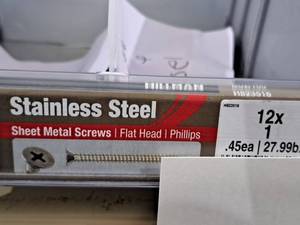 lot 1214 image: Lot of (125) Hillman Stainless Steel Sheet Metal Screws 12x1  Flat Head  Phillips Drive #H823516