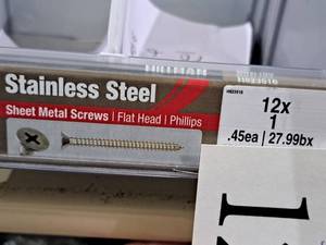 lot 1215 image: Lot of (200) Hillman Stainless Steel Sheet Metal Screws 12x1  Flat Head  Phillips Drive #H823516