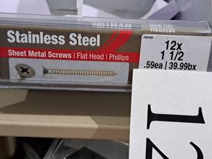 lot 1219 image: Lot of (200) Hillman Stainless Steel Sheet Metal Screws 12x1-12  Flat Head  Phillips Drive #H823520