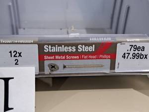 lot 1220 image: Lot of (85) Hillman Stainless Steel Sheet Metal Screws 12x2  Flat Head  Phillips Drive #H823524