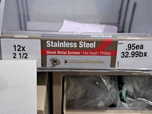 lot 1222 image: Lot of (110) Hillman Stainless Steel Sheet Metal Screws 12x2-12  Flat Head  Phillips Drive #H823525