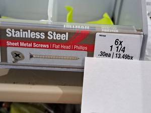 lot 1274 image: Lot of (100) Hillman Stainless Steel Sheet Metal Screws 6x1-14  Flat Head  Phillips Drive #H823428
