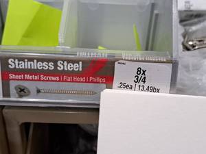 lot 1301 image: Lot of (200) Hillman Stainless Steel Sheet Metal Screws 8x34  Flat Head  Phillips Drive #H823462