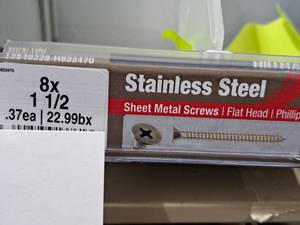 lot 1307 image: Lot of (200) Hillman Stainless Steel Sheet Metal Screws 8x1-12  Flat Head  Phillips Drive #H823470
