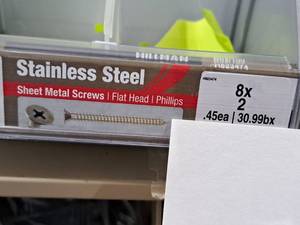 lot 1308 image: Lot of (120) Hillman Stainless Steel Sheet Metal Screws 8x2  Flat Head  Phillips Drive #H823474