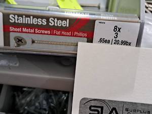 lot 1311 image: Lot of (257) Hillman Stainless Steel Sheet Metal Screws 8x3  Flat Head  Phillips Drive #H823478
