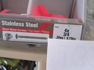 lot 1323 image: Lot of (290) Hillman Stainless Steel Sheet Metal Screws 4x34  Pan Head  Phillips Drive #H823208