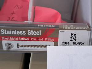 lot 1327 image: Lot of (350) Hillman Stainless Steel Sheet Metal Screws 6x34  Pan Head  Phillips Drive #H823222
