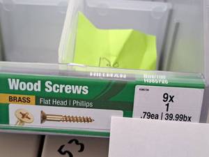 lot 1348 image: Lot of (120) Hillman Brass Wood Screws 9x1  Flat Head  Phillips Drive #H385726