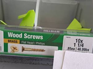 lot 1362 image: Lot of (175) Hillman Brass Wood Screws 10x1-14  Flat Head  Phillips Drive #H385752