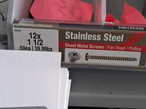 lot 1404 image: Lot of (200) Hillman Stainless Steel Sheet Metal Screws 12x1-12  Pan Head  Phillips Drive #H823320