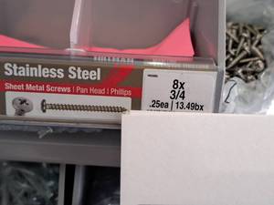 lot 1447 image: Lot of (260) Hillman Stainless Steel Sheet Metal Screws 8x34  Pan Head  Phillips Drive #H823262
