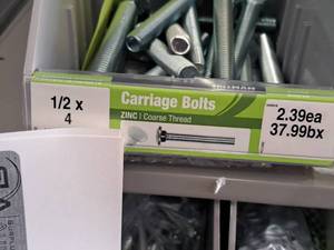lot 1581 image: Lot of (15) Hillman Zinc Carriage Bolts 12x4  Coarse Thread #H240318