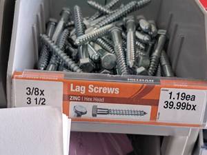 lot 1606 image: Lot of (50) Hillman Zinc Lag Screws 38x3-12  Hex Head #H230092