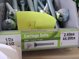 lot 1610 image: Lot of (27) Hillman Zinc Carriage Bolts 12x4-12  Coarse Thread #H240321