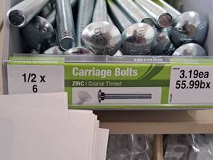 lot 1622 image: Lot of (26) Hillman Zinc Carriage Bolts 12x6  Coarse Thread #H240330