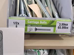 lot 1673 image: Lot of (30) Hillman Zinc Carriage Bolts 12x8  Coarse Thread #H240342
