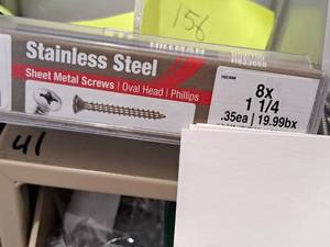 lot 1687 image: Lot of (256) Hillman Stainless Steel Sheet Metal Screws 8x1-14  Oval Head  Phillips Drive #H823668