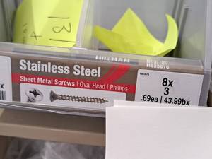 lot 1694 image: Lot of (87) Hillman Stainless Steel Sheet Metal Screws 8x3  Oval Head  Phillips Drive #H823676