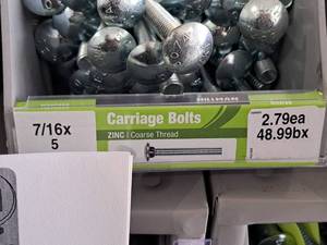 lot 1722 image: Lot of (44) Hillman Zinc Carriage Bolts 716-14x5  Coarse Thread #H240255