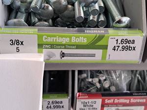 lot 1724 image: Lot of (66) Hillman Zinc Carriage Bolts 38-16x5  Coarse Thread #H240186