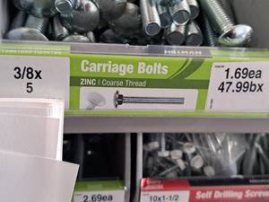 lot 1725 image: Lot of (50) Hillman Zinc Carriage Bolts 38-16x5  Coarse Thread #H240186