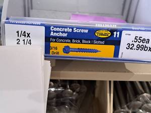 lot 1738 image: Lot of (241) Hillman Concrete Screw Anchor  316 Drill  For Concrete, Brick, Block, Pressure Treated Lumber 14x2-14  Hex Head  Slotted Drive #H375295