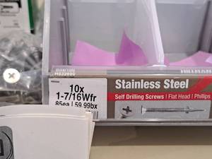 lot 1743 image: Lot of (133) Hillman Stainless Steel Self Drilling Screws 10x1-716Wfr  Flat Head  Phillips Drive #H822650