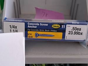 lot 1792 image: Lot of (178) Hillman Concrete Screw Anchor  316 Drill  For Concrete, Brick, Block, Pressure Treated Lumber 14x1-14  Phillips Drive #H375307