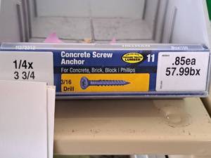 lot 1800 image: Lot of (91) Hillman Concrete Screw Anchor  316 Drill  For Concrete, Brick, Block, Pressure Treated Lumber 14x3-34  Phillips Drive #H375312