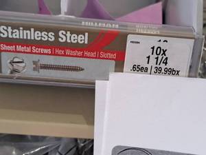 lot 1815 image: Lot of (174) Hillman Stainless Steel Sheet Metal Screws 10x1-14  Hex Washer Head  Slotted Drive #H823094