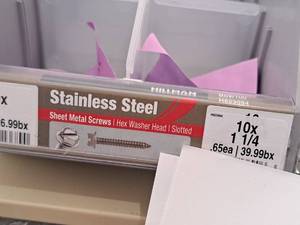 lot 1816 image: Lot of (100) Hillman Stainless Steel Sheet Metal Screws 10x1-14  Hex Washer Head  Slotted Drive #H823094