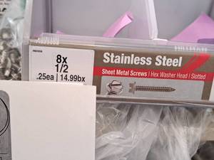 lot 1817 image: Lot of (238) Hillman Stainless Steel Sheet Metal Screws 8x12  Hex Washer Head  Slotted Drive #H823058