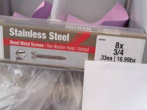 lot 1819 image: Lot of (341) Hillman Stainless Steel Sheet Metal Screws 8x34  Hex Washer Head  Slotted Drive #H823062