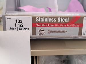 lot 1824 image: Lot of (200) Hillman Stainless Steel Sheet Metal Screws 10x1-12  Hex Washer Head  Slotted Drive #H823096