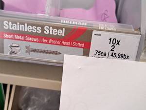 lot 1827 image: Lot of (100) Hillman Stainless Steel Sheet Metal Screws 10x2  Hex Washer Head  Slotted Drive #H823098