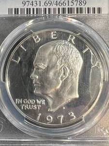 lot 34 image: 1973-S US PROOF SILVER EISENHOWER DOLLAR PCGS PR69DCAM